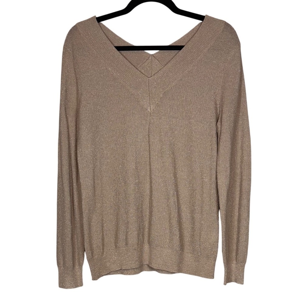 CUPIO Gold Shimmer Sweater, V-Neck Front and Back, Gold, Size Medium